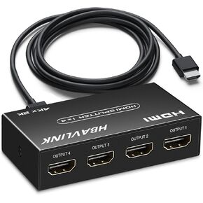 HBAVLINK 4K HDMI Splitter 1 in 2 Out 60Hz- HDCP 2.2/2.3 Bypass, HDR, Dolby Atmos/DTS5.1/7.1 - Compatible with PS5/PS4/PS3, Apple TV, Xbox, Cable Box, Roku Stick, etc.
