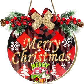 [Prelit & Timer] Merry Christmas Wreath Sign for Front Door Sign with Lights Christmas Decorations Battery Operated Buffalo Plaid Bow Snowflake Snowman Decorated Window Wall Home Decor Xmas Farmhouse