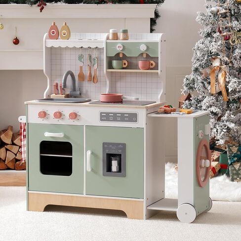 ROBOTIME Play Kitchen Set for Kids Toddlers, Wooden Kids Play Kitchen Playset with Real Lights & Sounds, Pretend Toddler Kitchen Gift for Girls Boys Age 3+ in Saudi Arabia