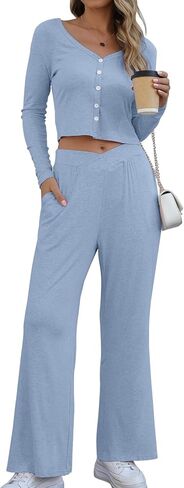 ملابس YUNDAI النسائية المكونة من قطعتين ورقبة على شكل حرف V كاجوال للخريف وأكمام طويلة وبنطلون مع جيب in Kuwait