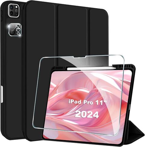 Protective Case for New iPad Pro 13 Inch 2024, Soft TPU Silicone Anti-Scratch Anti-Drop with Pencil Holder (Case+ Screen Protector+Camera Lens Protector) Black in Saudi Arabia