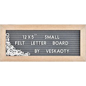 Small Felt Letter Board with 374 Letters, Numbers & Symbols - 12 x 5 inch Mini Changeable Message Board with Wooden Frame Wall Mount Hook (Black Board & Wood Frame)