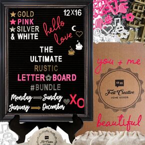 Rustic Felt Letter Board Ultimate Bundle Farmhouse Vintage White Wood Frame and Stand by Felt Creative Home Goods Changeable Message Memo Board 800+ Letter Set (Black, 10x10)