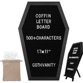 Coffin Letter Board - Spooky Changeable Letter Board for Table Top or Wall - Gothic Decor for Home, Office, Bistro and School - 17x11 inches - Black