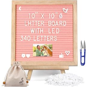 Black Felt Letter Board with Lights, Built-in LED Lights -Message Board Adjustable Stand, 340 Letters,- for Menus, Pregnancy Announcement, Weddings, Party Planning(10 * 10) (blackＢ)