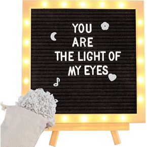 Light up Felt Letter Board Sign with LED Lights - 10 × 10in Changeable Message Board Wall Mounted with Tripod Stand 470 Letters for Birthday Housewarming Gifts Christmas Parties Home Decor Black