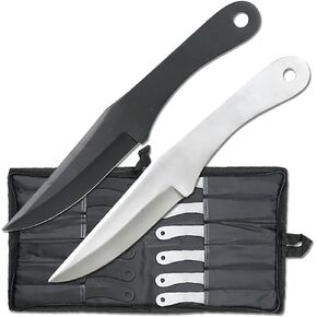Perfect Point Throwing Knives – Set of 12 – 6 Satin Finish and 6 Black Stainless Steel Throwing Knives, Includes Nylon Sheath, Full Tang Construction, Well Balanced, – PAK-712-12