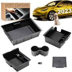 DEDC 5 قطع 2024 2023 2022 2021 Tesla Model Y Model 3 منظم وحدة التحكم المركزية مع صندوق تخزين مسند الذراع المخفي، قطعة واحدة من غطاء كاميرا الويب، قطعة واحدة من حامل الأكواب لوحدة التحكم المحدثة