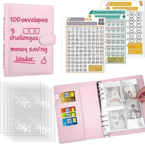Antner 100 Envelopes Challenge Binder Money Savings Challenges Book لتوفير 5,050 دولارًا و10,000 دولار و500 دولار، A5 Money Saving Planner Cash Envelope Budget Binder، وردي