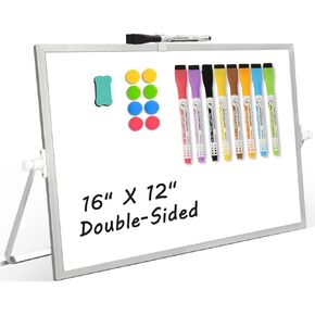 Dry Erase Magnetic White Board, 16" x 12" Double-Sided Desktop Whiteboard with Stand, Portable Small Whiteboard Set for Drawing, Office, Home, School