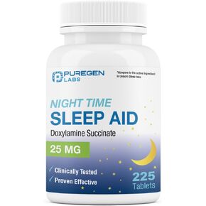 Puregen Labs Doxylamine Succinate 25mg | Nighttime Sleep Aid | Safe & Effective | Non-Habit Forming Sleep Aid | Made in USA | 225 Tablets