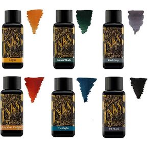 Diamine Fountain Pen Ink 30 ml - Base Colour - 6 x Bottles - Sepia, Green Black, Earl Grey, Ancient Copper, Twilight, Jet Black