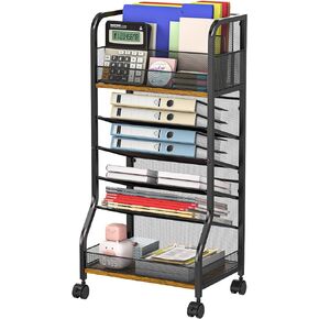 Rolling File Cart 6 Tier File Organizer Cart,Rolling Office Cart Homeschool Organization,Paper Organizer Desk Beside Mobile Bookshelf,Wood and Mesh Design with Detachable Wheels Removable Trays in Kuwait