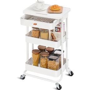 TOOLF 3 Tier Rolling Utility Cart with Drawer & Table Top, Multifunctional Storage Organizer with Metal Shelf & Wheels Storage Cart for Kitchen, Bathroom, Bedroom, Classroom, Office, Pink