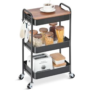 TOOLF 3-Tier Rolling Cart, Metal Utility Cart with Top, Storage Craft Cart with Wheels, Trolley Organizer Serving Cart Easy Assembly for Office, Bathroom, Kitchen, Kids' Room, Classroom, Black