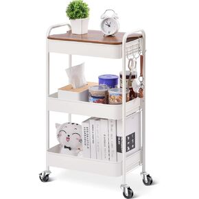 TOOLF 3-Tier Rolling Cart, Metal Utility Cart with Top, Storage Craft Cart with Wheels, Trolley Organizer Serving Cart Easy Assembly for Office, Bathroom, Kitchen, Kids' Room, Classroom, Black