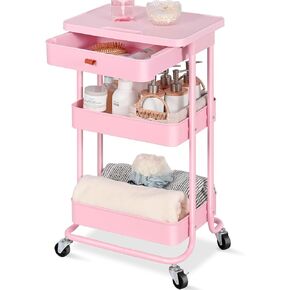 TOOLF 3 Tier Rolling Utility Cart with Drawer & Table Top, Multifunctional Storage Organizer with Metal Shelf & Wheels Storage Cart for Kitchen, Bathroom, Bedroom, Classroom, Office, Pink
