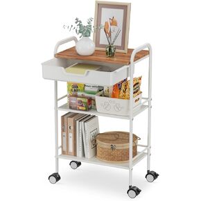 Aratan 3 Tier Rolling Cart with Drawer, Metal Utility Cart on Wheels Storage Cart with Wood Top, Kitchen Cart Art Cart Organizer for Bathroom Office Balcony Living Room