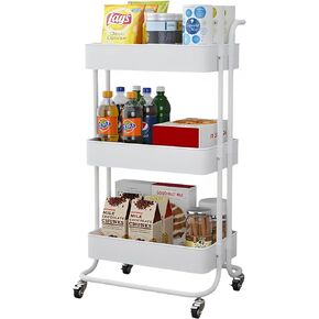 Sooyee 3 Tier Utility Cart,Rolling Cart with Handle and Lockable Wheels, Multi-Functional Storage Cart for Office, School,Living Room, Kitchen, Bathroom, Bedroom,Laundry, White