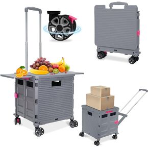 FELICON SELORSS Foldable Utility Cart Folding Portable Rolling Crate Handcart with Durable Heavy Duty Plastic Telescoping Handle Collapsible 4 Rotate Wheels for Travel Shop Move Luggage Office(Black)