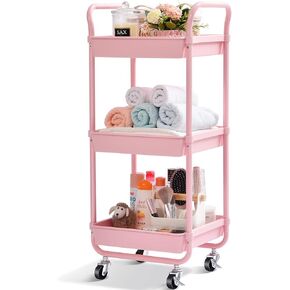 TOOLF 3-Tier Storage Rolling Cart, Kitchen Utility Cart with Wheels, Plastic Organizer Cart, Rolling Trolley Shelving Unit, Small Rolling Cart for Bathroom Snack Bedside Dorm Baby Nursery Diaper Pink