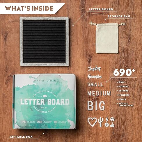 Little Hippo Black Felt Letter Board Sign 10x10 Inch with 690+ PRE-Cut Letters - Rustic Wood Message Board with Letters and stand, Baby Announcement Sign, Back to School Felt Board in Saudi Arabia