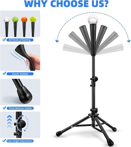 تيشيرت الضرب للبيسبول/الكرة اللينة، ارتفاع سهل التعديل من 27 إلى 46 بوصة، قطعتان من المطاط الملفوف يدويًا وقابلان للاستبدال in Kuwait