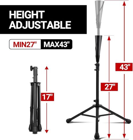 تي شيرت البيسبول WEEPALM - تي شيرت محمول للبيسبول/الكرة اللينة مع قطعتين من المطاط القابل للاستبدال وقاعدة حامل ثلاثي القوائم، تعديل الارتفاع من 27 إلى 43 بوصة للأطفال والكبار، سهل الحمل in Kuwait