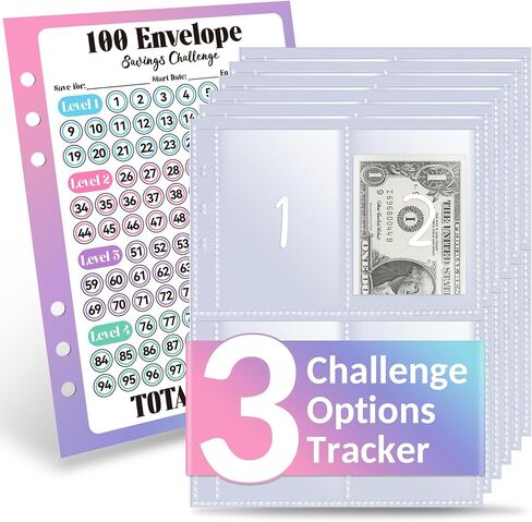Sooez 25Pack Cash Stuffing Envelopes, 100 Envelopes Money Saving Challenge Replacement, 3 Challenge Tracker, A5 Binder Inserts Pre-Numbered 1-100, Clear Money Envelopes for Cash in Saudi Arabia
