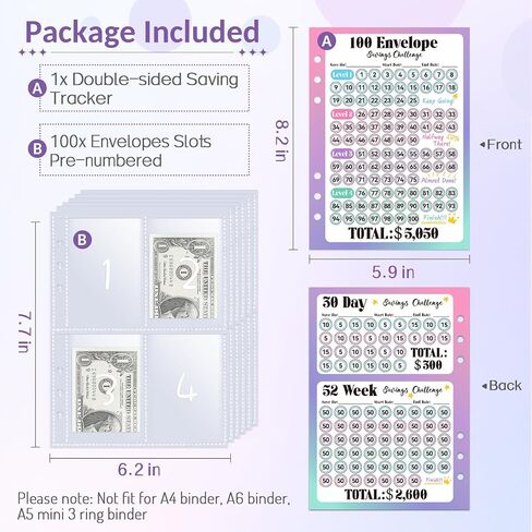 Sooez 25Pack Cash Stuffing Envelopes, 100 Envelopes Money Saving Challenge Replacement, 3 Challenge Tracker, A5 Binder Inserts Pre-Numbered 1-100, Clear Money Envelopes for Cash in Saudi Arabia