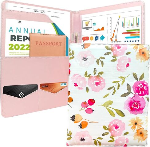 Portfolio That Comes with A Pen, Padfolio for Women Leather, Pink and Flowered Portfolio Organizer, Folders for Documents, Portfolio Folder for Artwork, for Women, Leather Binder, Padfolio. in Saudi Arabia