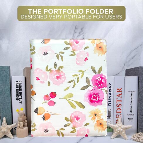 Portfolio That Comes with A Pen, Padfolio for Women Leather, Pink and Flowered Portfolio Organizer, Folders for Documents, Portfolio Folder for Artwork, for Women, Leather Binder, Padfolio. in Saudi Arabia