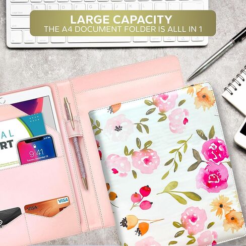 Portfolio That Comes with A Pen, Padfolio for Women Leather, Pink and Flowered Portfolio Organizer, Folders for Documents, Portfolio Folder for Artwork, for Women, Leather Binder, Padfolio. in Saudi Arabia