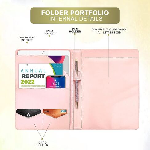 Portfolio That Comes with A Pen, Padfolio for Women Leather, Pink and Flowered Portfolio Organizer, Folders for Documents, Portfolio Folder for Artwork, for Women, Leather Binder, Padfolio. in Saudi Arabia