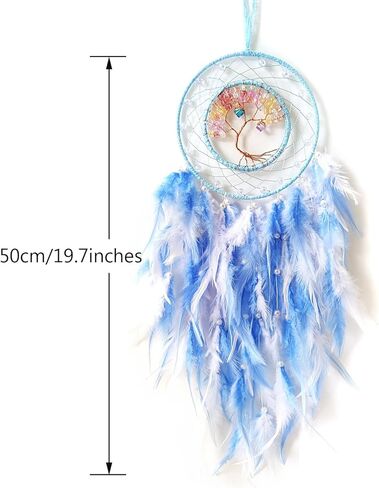 صائد الأحلام شجرة الحياة صائد الأحلام لغرفة النوم، صائد الأحلام من الريش الأزرق والأبيض للكبار صائد الأحلام، هدايا مباركة معلقة على الحائط in Kuwait