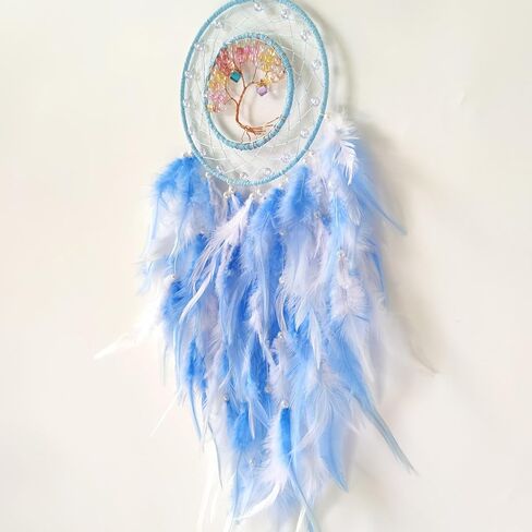 صائد الأحلام شجرة الحياة صائد الأحلام لغرفة النوم، صائد الأحلام من الريش الأزرق والأبيض للكبار صائد الأحلام، هدايا مباركة معلقة على الحائط in Kuwait