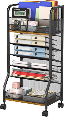 عربة ملفات متدحرجة ذات 6 طبقات، عربة تنظيم الملفات، منظمة المدرسة المنزلية، مكتب منظم الورق بجانب رف الكتب المحمول، تصميم من الخشب والشبك مع عجلات قابلة للفصل، صواني قابلة للإزالة in Kuwait
