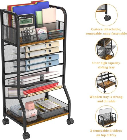 عربة ملفات متدحرجة ذات 6 طبقات، عربة تنظيم الملفات، منظمة المدرسة المنزلية، مكتب منظم الورق بجانب رف الكتب المحمول، تصميم من الخشب والشبك مع عجلات قابلة للفصل، صواني قابلة للإزالة in Kuwait