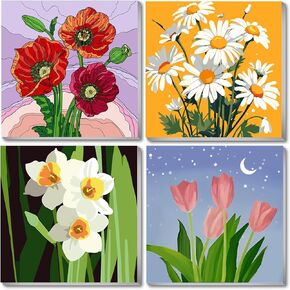 Flower Framed Paint by Numbers kit for Adults 12x12inch,4 Pack Paint by Number Kit with Framed Flowers,Easy Paint by Numbers kit for Beginner on Canvas Perfect for Gift Home Wall Decor(without Easel)