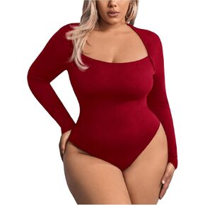 MakeMeChic Women's Plus Size Bodysuit Scoop Neck Long Sleeve Tee Shirts Tops Leotards