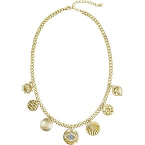 With Evil Eye Pendant Handmade Jewelry Gold Coin Charm Necklace Third Eye Protection Amulets Chunky Thick for Women Birthday Gift (E9-0011)