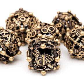 Metal DND Dice Set with Box 7pcs Hollow D&D Dice,Copper Polyhedral Dungeons and Dragons Dice Set Steampunk Polyhedral Dice Games Set for RPG,MTG,Pathfinder,D and D Dice Set (Ancient red bronze dragon)