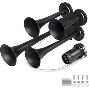Truck Air Horn 180dB 4 Trumpet Horns Train Horn Kit for Truck 12V Super Loud Air Horns for pickup/motorhome/SUV/truck/train and other vehicles(4-Trumpet Red with Air Compressor 12V)