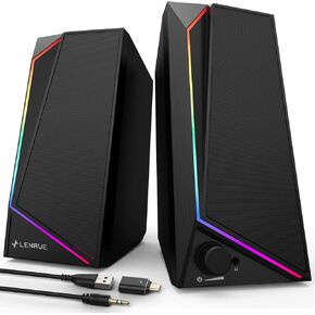LENRUE Computer Speakers, PC Speakers with Colorful Lights Button, Volume Knob, 45 ° Tilt, Loud Sound, AUX and USB Powered for PC Desktop Monitor Laptop