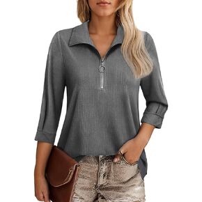 3/4 Length Sleeve Womens Tops Work Casual V Neck Collared Top Office Polo V Neck Fall Shirt Pink L