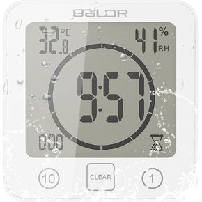 Digital Bathroom Shower Wall Clock Timer, LCD Digital Wall Clock with Suction Waterproof Temperature Humidity Gauge, Touch Screen Timer, Large Countdown Visual Timer Hanging Wall Clock