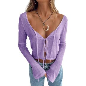 Tankaneo Women's Bell Sleeve Crop Tops Tie Front Scoop Neck Long Sleeve Blouses Crochet Sheer Knit Shirts