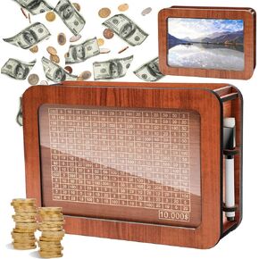 Savings Challenge Box, Upgraded Version Cash Vault Wooden Savings Box That can Embed Photos, Piggy Bank Coin Bank with Counting Target and Dry Erase Pen, 10000 Money Saving Box for Adults Kids
