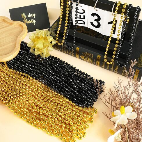 SHAOQINLIN 144 PCS Gold Mardi Gras Beads, Christmas Necklaces, Golden Bead Necklace, 33'' Metallic Gold Party Beads for Mardi Gras, Christmas, New Year's Day, Carnival Party Favors in Kuwait