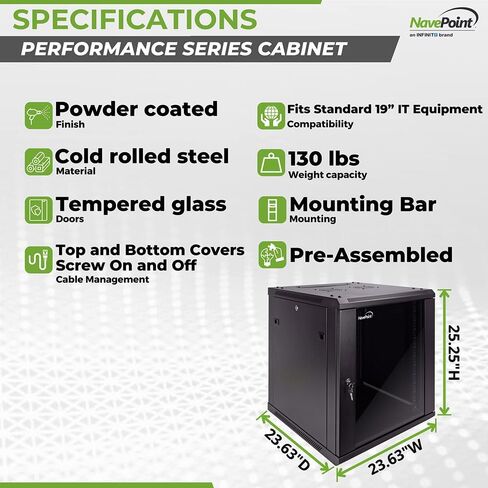 NavePoint 18U Server Cabinet Wall Mount Rack Enclosure with Caster Wheels, 2 Fans, Locking Glass Door, Removable Side Panels – 18U Network Cabinet 23.6" Deep, 19" Server Rack for IT Equipment in Kuwait
